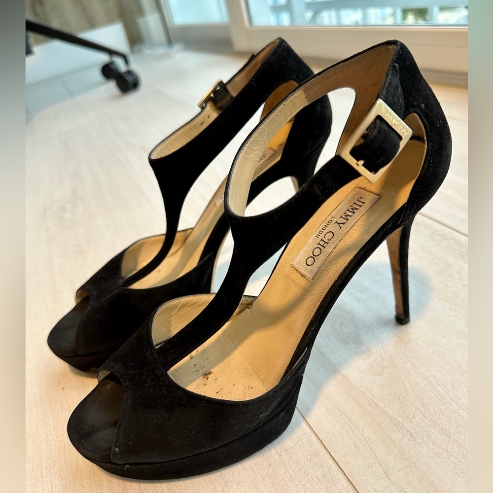 Jimmy Choo Heels Womens Size 40/10 Black Suede Buckle Open Toe Shoe